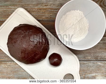 Chocolate Cookie Dough And Powdered Sugar, Ready For Baking Cookies.