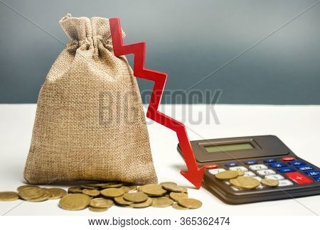 Money Bag And Red Arrow Down. Economic Difficulties. Stagnation, Declining Business Activity, Fallin