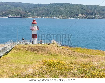 Lighthouse In Niebla, Valdivia, Chile. Lighthouse In The Spanish Fortress In Niebla, Valdivia, Patag