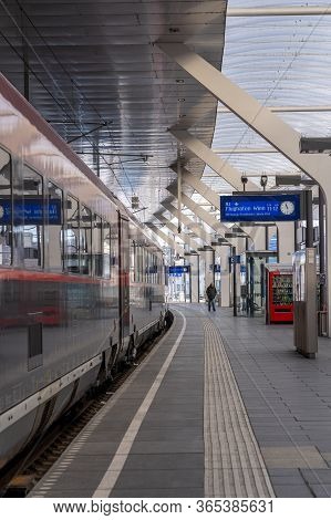 Feb 6, 2020 - Salzburg, Austria: Railjet Train To Wien Vienna Airport On The Platform At Railway Sta