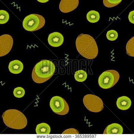 Seamless Pattern With Kiwi And Sliced Pieces. Stock Vector Illustration. Colorful Tropical Fruits On