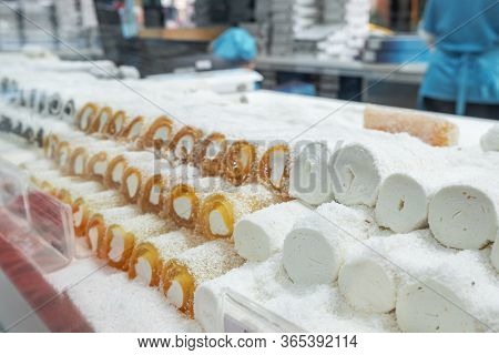 Delicious kayman lokum in turkish delight shop in Afyon city, Turkey