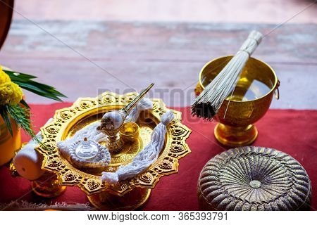 Traditional Thai Wedding Ceremony Atmoshphere Decoration And Artifacts.