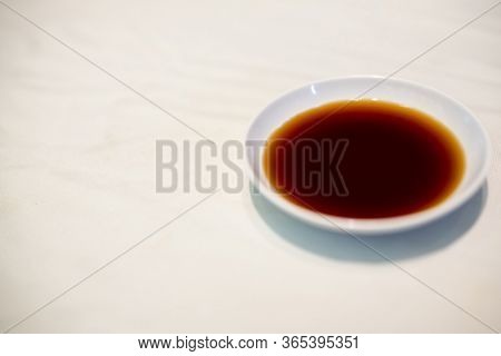 Japan Soy Sauce, Soyu In White Bowl. Color Of Food, Fill Up Tasty Concept.sauce For Japanese Food, S