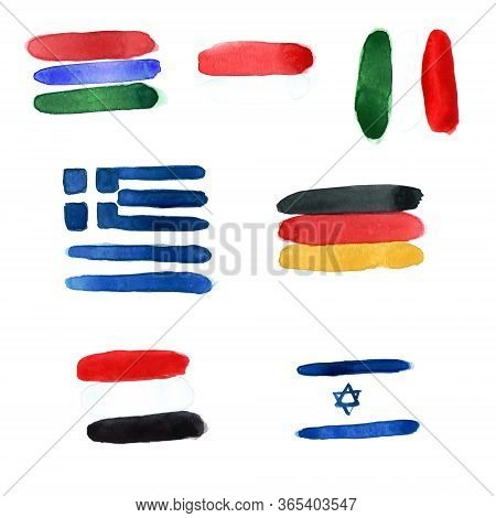 Watercolor Illustrations Of The Flags Of The Countries Of Gambia, Germany, Greece, Israel, Indonesia