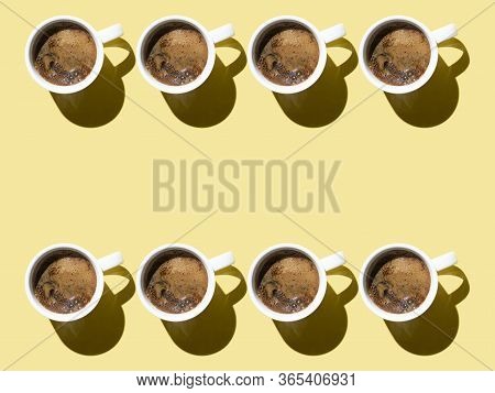 Coffee On A Yellow Background, A Lot Of Coffee Cups, Pattern