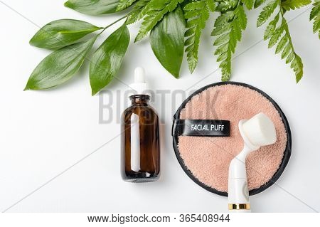 Organic Bio Cosmetics With Herbal Ingredients. Natural Extract, Oil, Serum With Fresh Leaves. Flat L