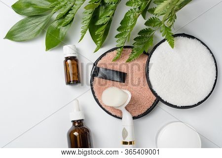 Organic Bio Cosmetics With Herbal Ingredients. Natural Extract, Oil, Serum With Fresh Leaves. Flat L