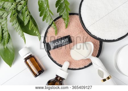 Organic Bio Cosmetics With Herbal Ingredients. Natural Extract, Oil, Serum With Fresh Leaves. Flat L