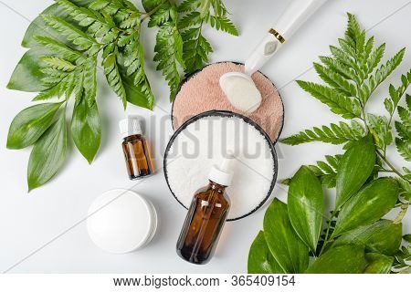 Organic Bio Cosmetics With Herbal Ingredients. Natural Extract, Oil, Serum With Fresh Leaves. Flat L