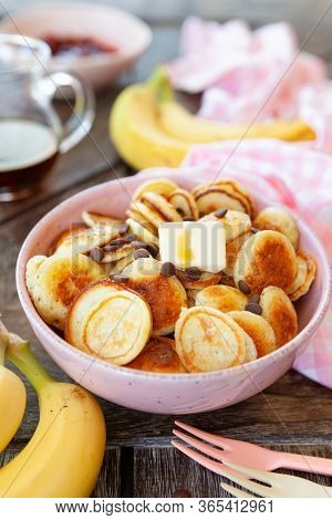 Pancake Cereal, Mini Pancakes In A Bowl With Maple Sirup
