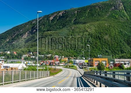 Narvik, Norway - July 28, 2018: Fagernesveien Is Street Along Narvik Pier In Norway, View Through Ca