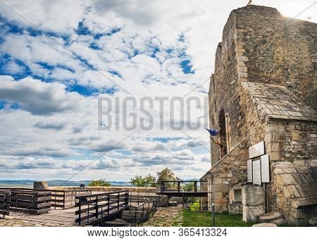 Targu Neamt, Romania - September 5, 2017: Famous Medieval Neamt Citadel, Old Fortress Towers And Wal
