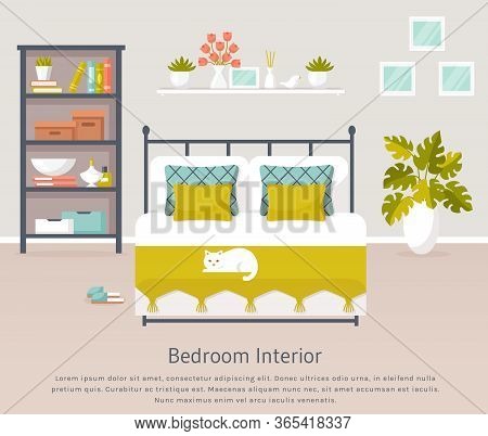 Bedroom Interior. Vector Banner With Place For Text. Design Of A Trendy Cozy Room With Double Bed, S
