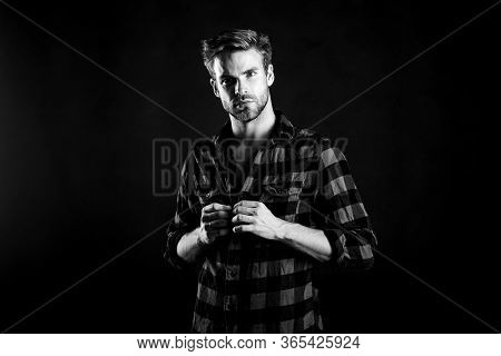 Hipster Black Background. Meaning Of Modern Manliness. Handsome Well Groomed Man. Exhibit Masculine 