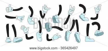 Cartoon Arms And Legs. Mascot Doodle Hands In White Gloves Showing Gestures And Feet In Boots Kickin