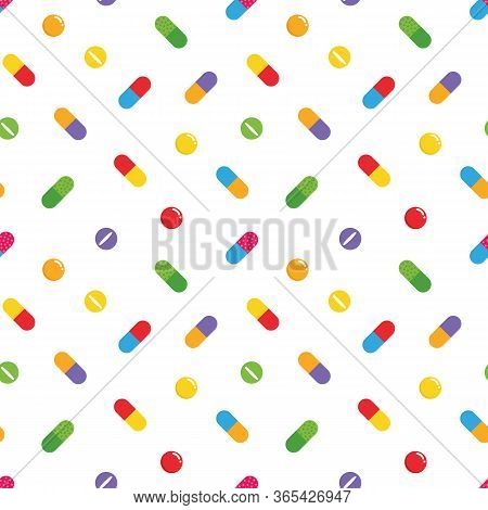 Cartoon Style Colorful Pills, Vitamins, Food Suppliments Vector Seamless Pattern Background.