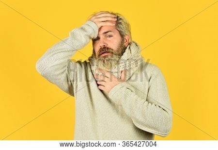 Immune Response Bearded Man Sick. Warm Scarf Around Neck. More Than Just Symptom Of Illness. Hipster