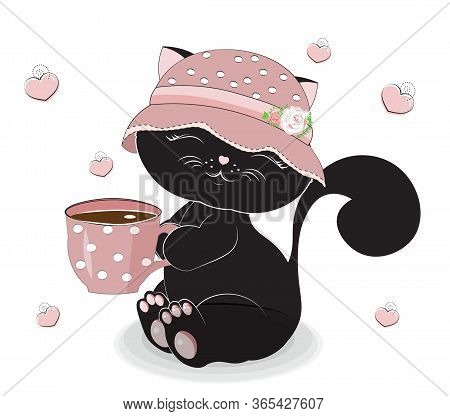 Cute Black Cat, Kitten, In Cap With Cup Of Hot Tea, Chocolate Or Coffee. Picture In Hand Drawing Car
