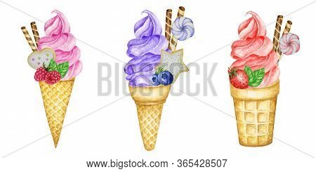 Fruit Ice-cream In Waffle Cone Set. Decorated With Chocolate Waffles, Berries, Cookies And Candies. 