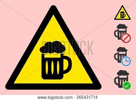 Vector Beer Mug Flat Warning Sign. Triangle Icon Uses Black And Yellow Colors. Symbol Style Is A Fla