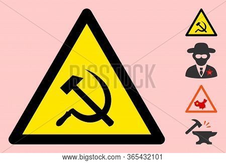 Vector Communism Flat Warning Sign. Triangle Icon Uses Black And Yellow Colors. Symbol Style Is A Fl