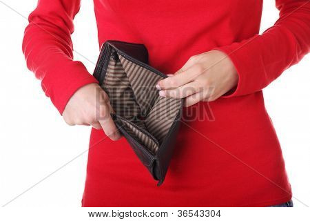 Young woman shows her empty wallet. Bankruptcy