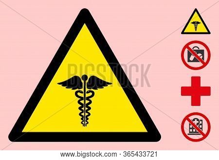Vector Medical Caduceus Flat Warning Sign. Triangle Icon Uses Black And Yellow Colors. Symbol Style 