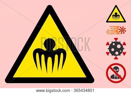 Vector Terrible Octopus Flat Warning Sign. Triangle Icon Uses Black And Yellow Colors. Symbol Style 