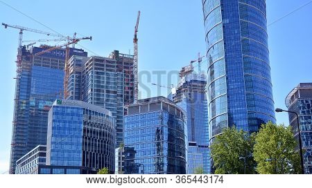 Warsaw, Poland. 9 May 2020. Roundabout Daszynski. New Skyscrapers In The Financial District Of Downt