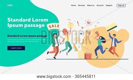 Customers Celebrating Sale. People Holding Gift, Credit Card, Loudspeaker, Dancing, Having Fun. Vect