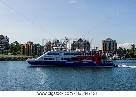 Victoria, Canada - July 14, 2019: New High Speed Luxury Passenger Ferry Arriving To Victoria Harbour