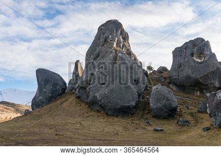 Huge Limestone Boulders, Megalith Rock Formations In Kura Tawhiti Conservation Area In New Zealand