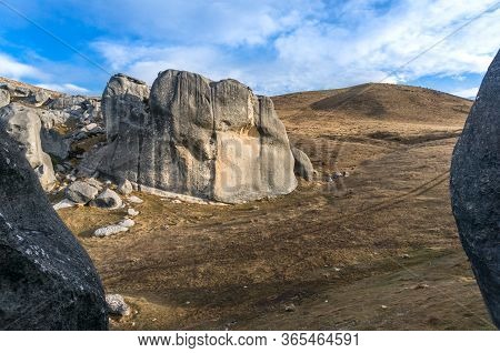 Huge Limestone Boulders, Megalith Rock Formations In Kura Tawhiti Conservation Area In New Zealand. 