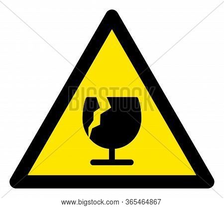 Raster Fragile Glass Flat Warning Sign. Triangle Icon Uses Black And Yellow Colors. Symbol Style Is 