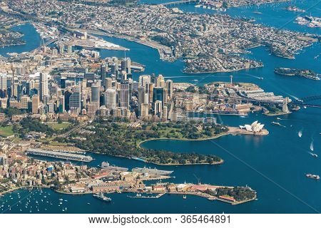 Aerial Cityscape Of Sydney Central Business District With Office Building Skyscrapers And Sydney Har