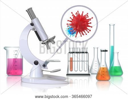 Virus Under Microscope. Realistic Medical Laboratory Equipment And Flu Infection Magnification, Coro