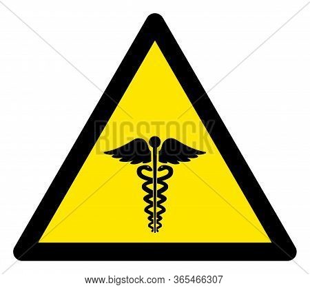 Raster Medical Caduceus Flat Warning Sign. Triangle Icon Uses Black And Yellow Colors. Symbol Style 