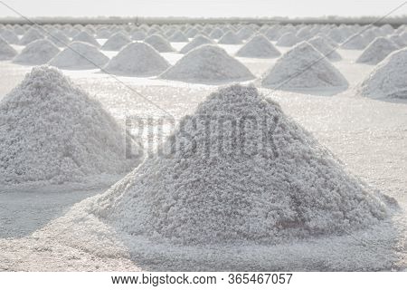 Sea Salt Pile Pyramid Made From Evaporation Of Seawater And
Ready For Harvest In Salt Farm At Sunset