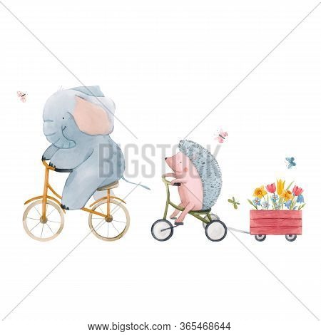 Beautiful Vector Stock Illustration With Watercolor Hand Drawn Cute Animals On Transport.