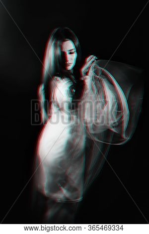 Crazy Portrait Of A Girl With Mental Disorders And Schizophrenic Diseases With Blur