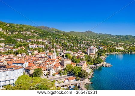 Croatia, Town Of Lovran And Sea Walkway, Aerial Panoramic View In Kvarner Bay Coastline, Popular Tou