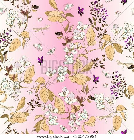 Hand-drawn Twigs With Flowers And Leaves Of Apple And Lilac On A Light Blue Satin Background. Tender