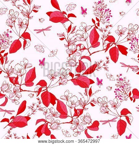 Hand-drawn Twigs With Flowers And Leaves Of Apple And Lilac On A Light Blue Satin Background. Tender
