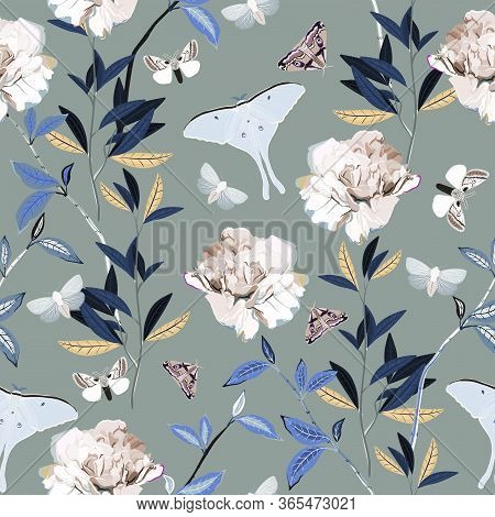 Seamless Vector Pattern With Butterflies And Moths Among The Bushes With Branches And Inflorescences