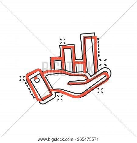 Growth Revenue Icon In Comic Style. Diagram With Hand Cartoon Vector Illustration On White Isolated 