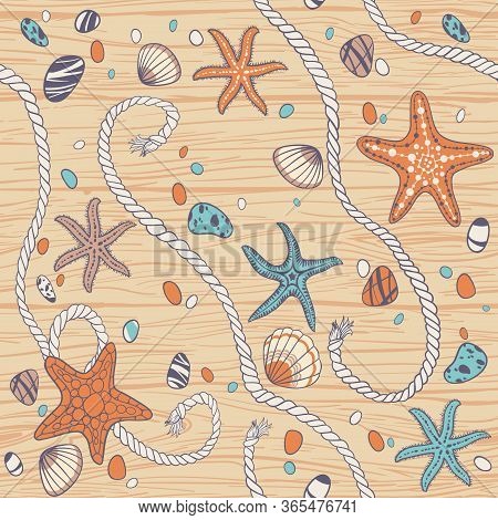 Hand Drawn Seastars, Rope, Seastones And Seashells On Wooden Background. Hand Written Summer Letteri