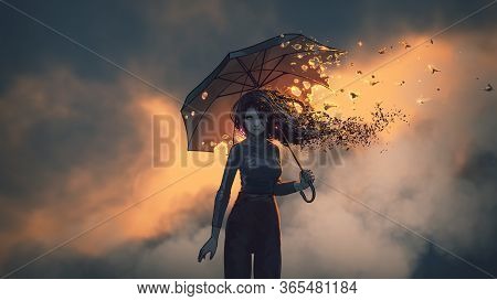 Mysterious Woman Holds The Burning Umbrella Standing Against Sunset Sky Background, Digital Art Styl