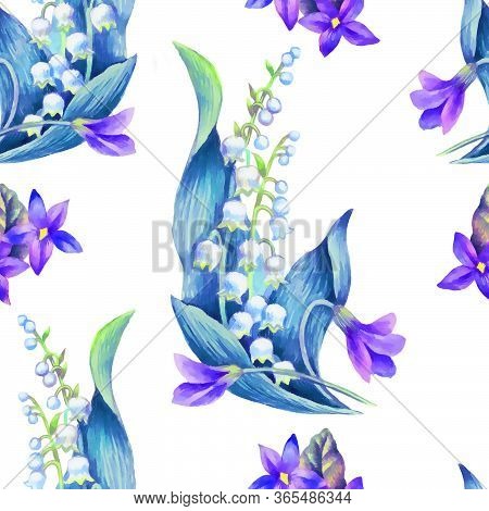 Spring Flowers: Snowdrop, May-lilly, Viola  Seamless Pattern, Hand Paint Watercolor Illustration.