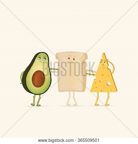 Cute Avocado Cheese Toast Characters Vector Cartoon Set. Breakfast Concept.  Vector Cartoon Set.